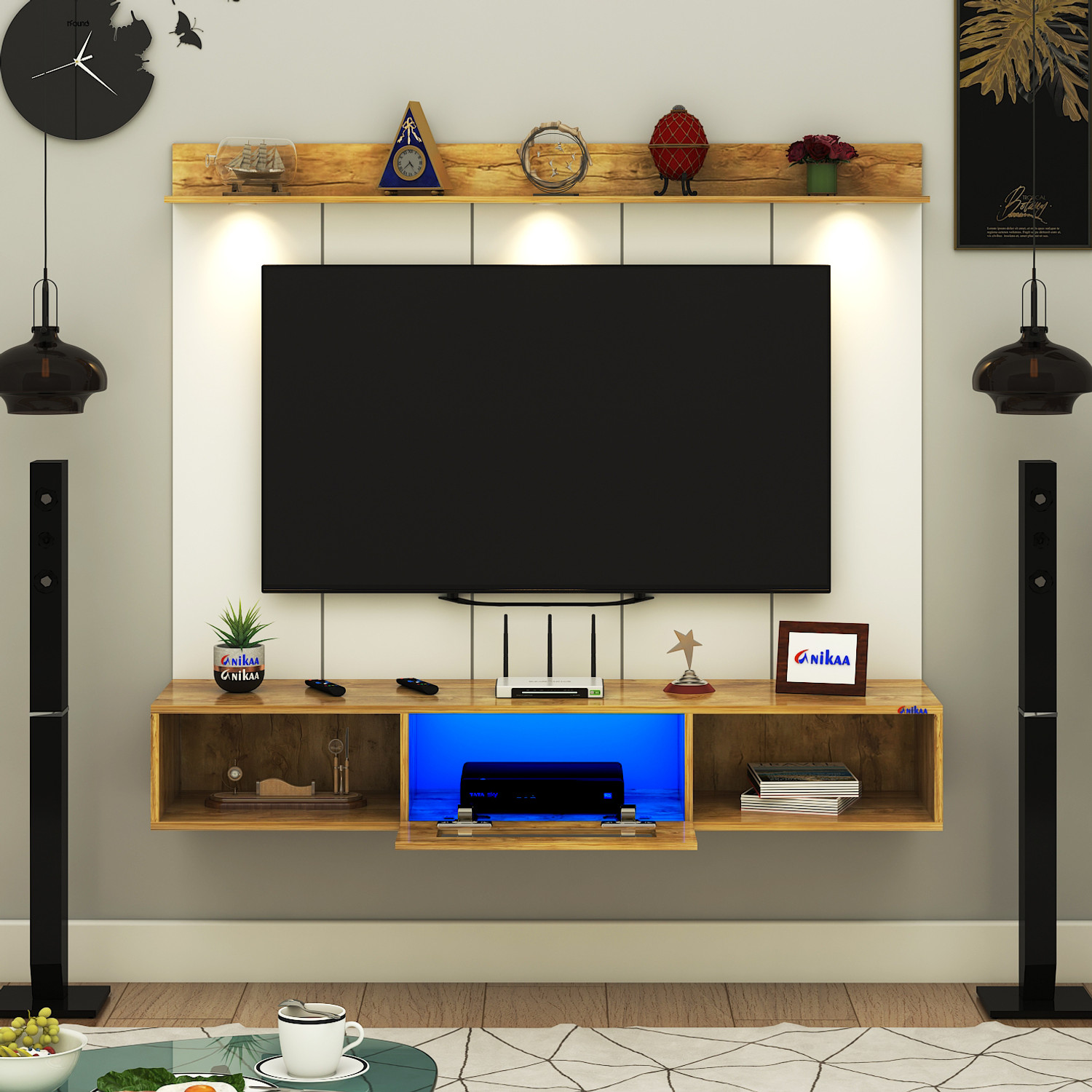 Image of FURNIWUD Novus PVC Back Panel Wall Mount TV Unit with LED Light for Up To 50 inch TV Engineered Wood TV Entertainment Unit