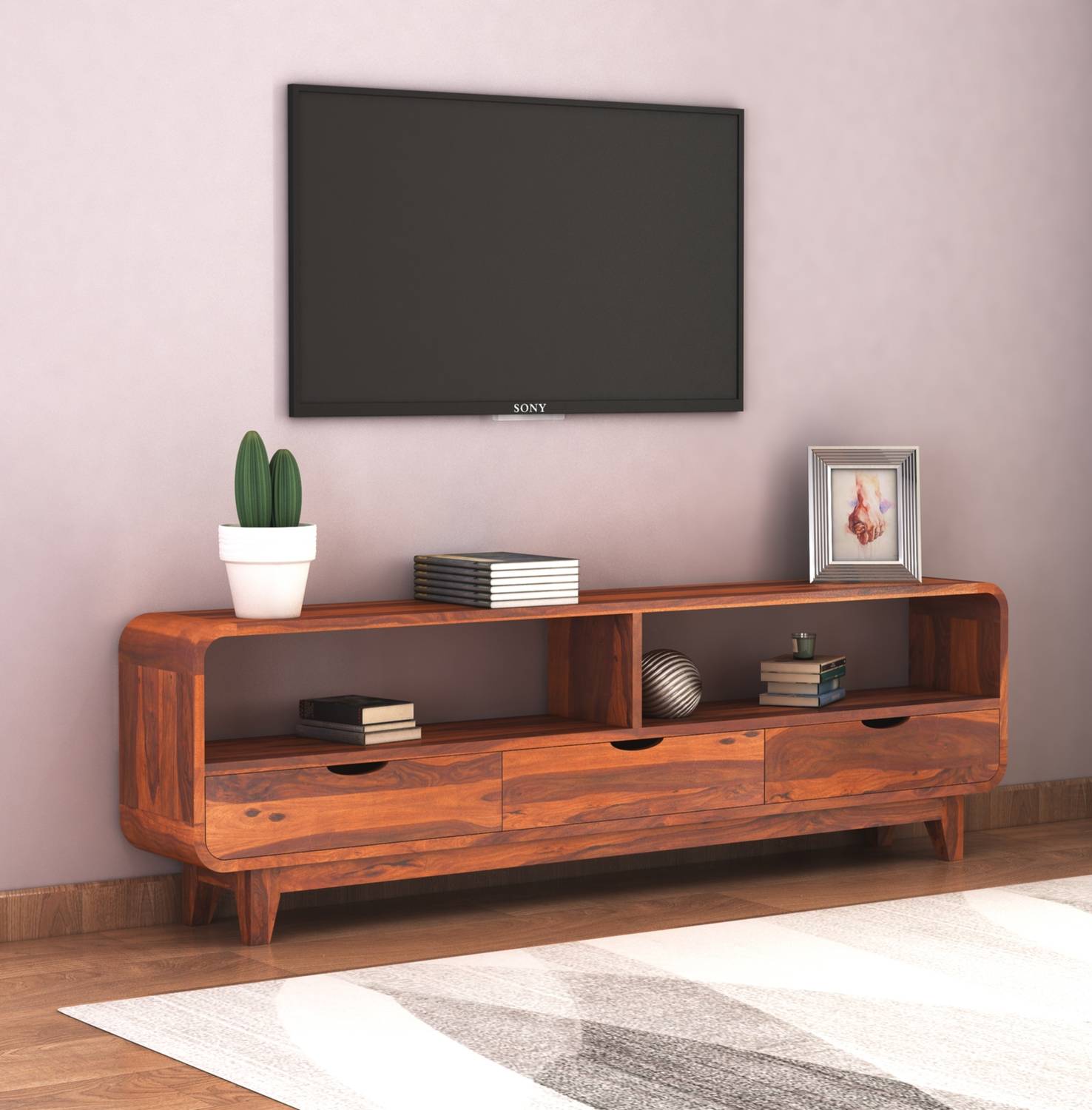 SAVITRIDECOR Sheesham Wood Tv unit with 3 Drawers ,shelfs for Hom