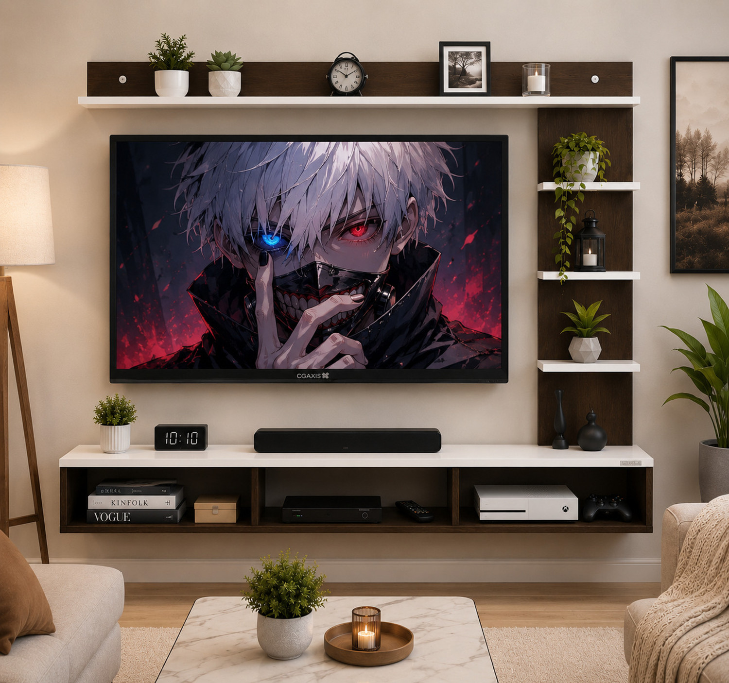 Image of FALAK ARTFUL CRAFT Modern Floating Wall Mounted TV Unit 39 Inch with Storage & Display Shelves Solid Wood TV Entertainment Unit (Finish Color - BROWN, DIY(Do-It-Yourself))