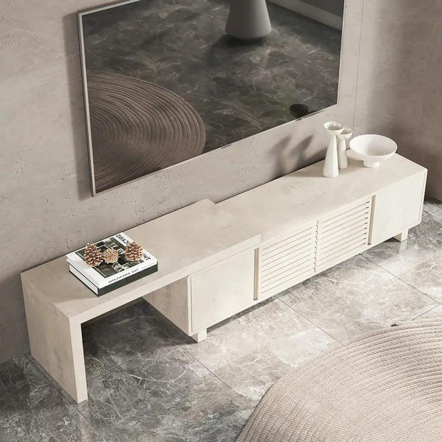 Image of NG Decor Distressed Retracted & Extendable TV Stand with 4 Shelves Up to 85 inch Engineered Wood TV Entertainment Unit