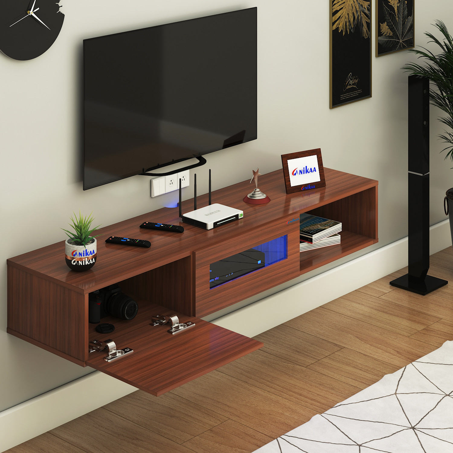 Image of FURNIWUD Strix Wall Mount Modern Floating TV Unit with Storage Cabinet & Blue LED Light Engineered Wood TV Entertainment Unit