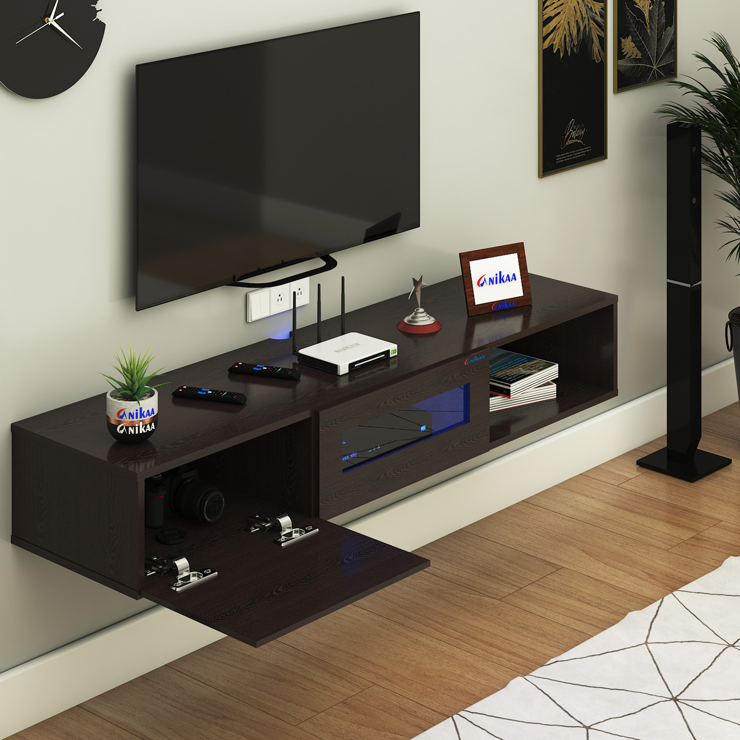 Image of FURNIWUD Strix Wall Mount Modern Floating TV Unit with Storage Cabinet & Blue LED Light Engineered Wood TV Entertainment Unit
