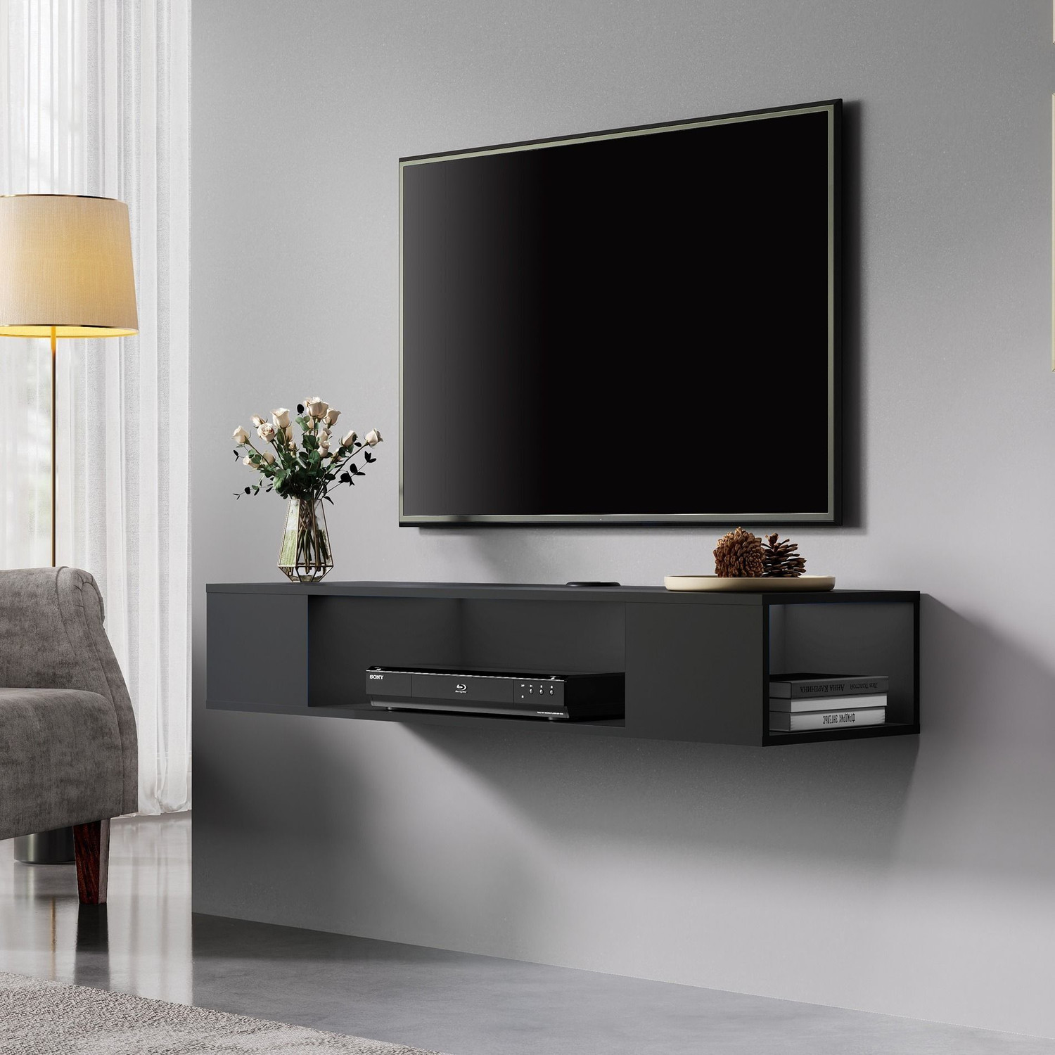Image of Home wood Wooden tv and entertainment unit wall mounted 40 inches in Length (Black). Engineered Wood TV Entertainment Unit