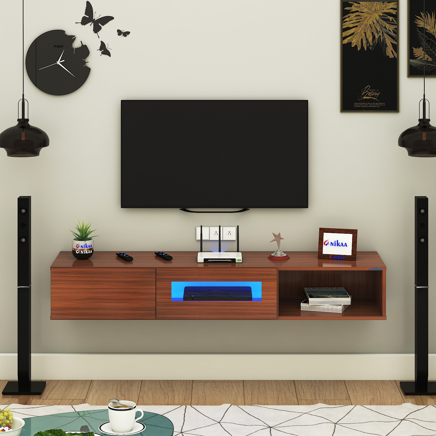 Image of FURNIWUD Strix Wall Mount Modern Floating TV Unit with Storage Cabinet & Blue LED Light Engineered Wood TV Entertainment Unit