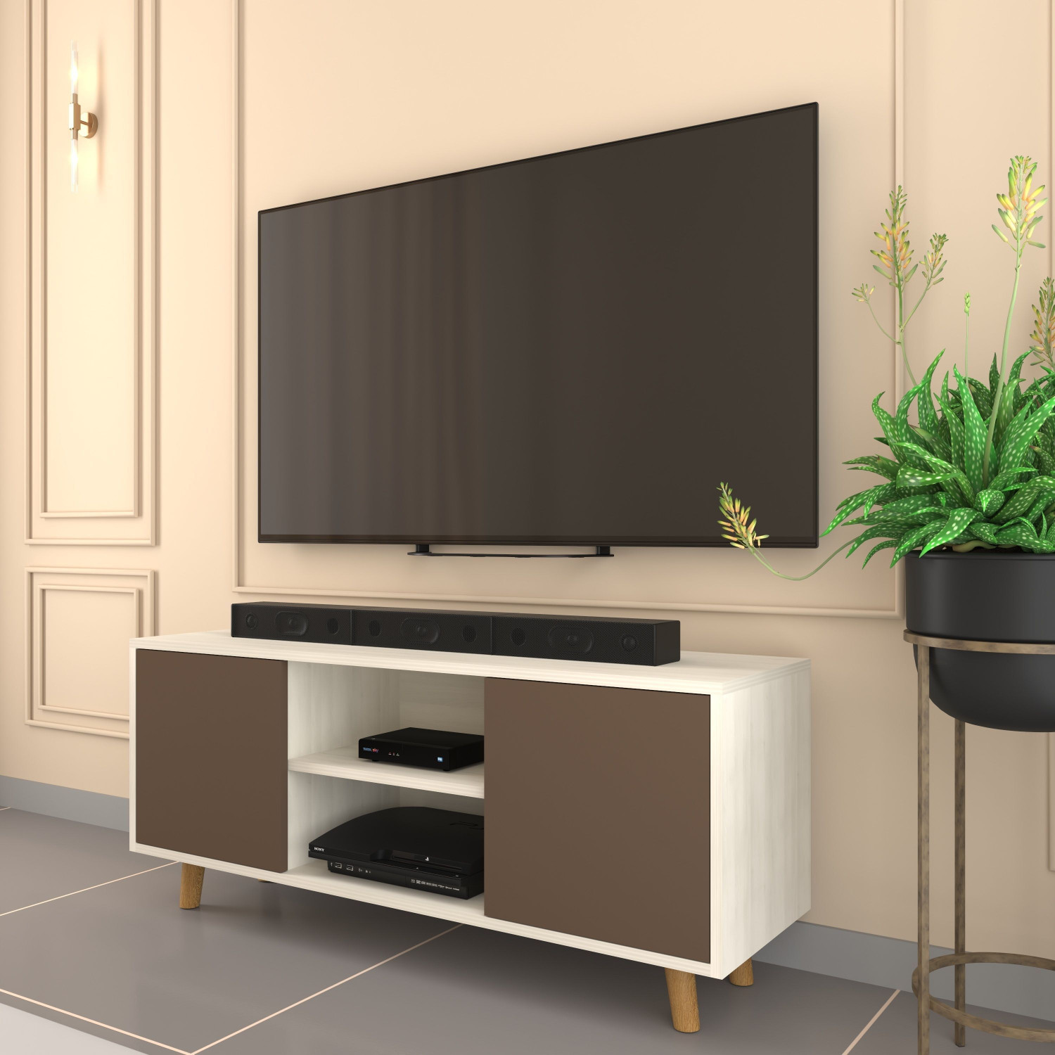 Image of spacesbyU Brelo TV Unit with Storage | Solid Wood Legs | Engineered Wood TV Entertainment Unit