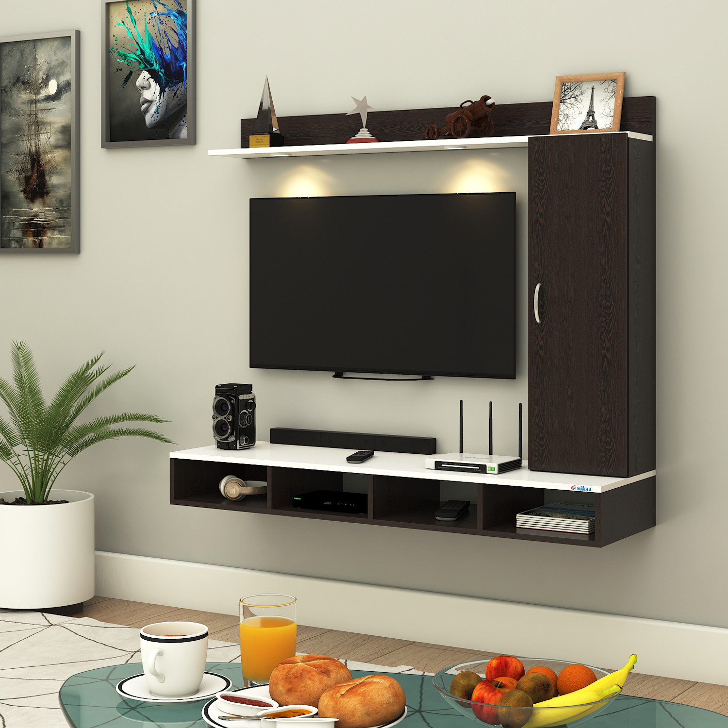 Image of ANIKAA Dorex Wall Mounted TV Unit with LED Lights, Storage Cabinet & Display Shelf Engineered Wood TV Entertainment Unit