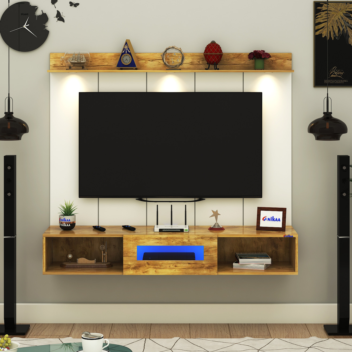 Image of FURNIWUD Novus PVC Back Panel Wall Mount TV Unit with LED Light for Up To 50 inch TV Engineered Wood TV Entertainment Unit