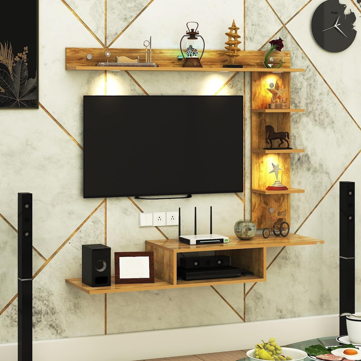 Image of FURNIWUD Wintor Wall Mounted TV Unit with 4 LED Lights, Storage Box & Decorative Shelf Engineered Wood TV Entertainment Unit