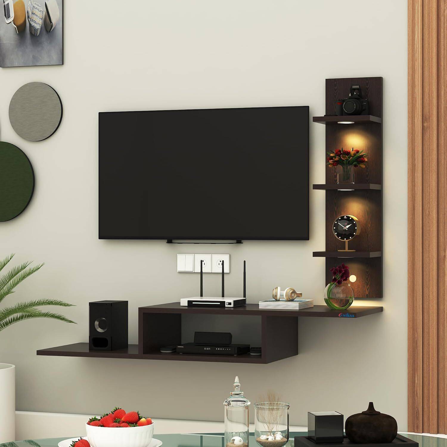 ANIKAA LED Light TV Unit Wall Mounted Engineered Wood TV Entertainment Unit