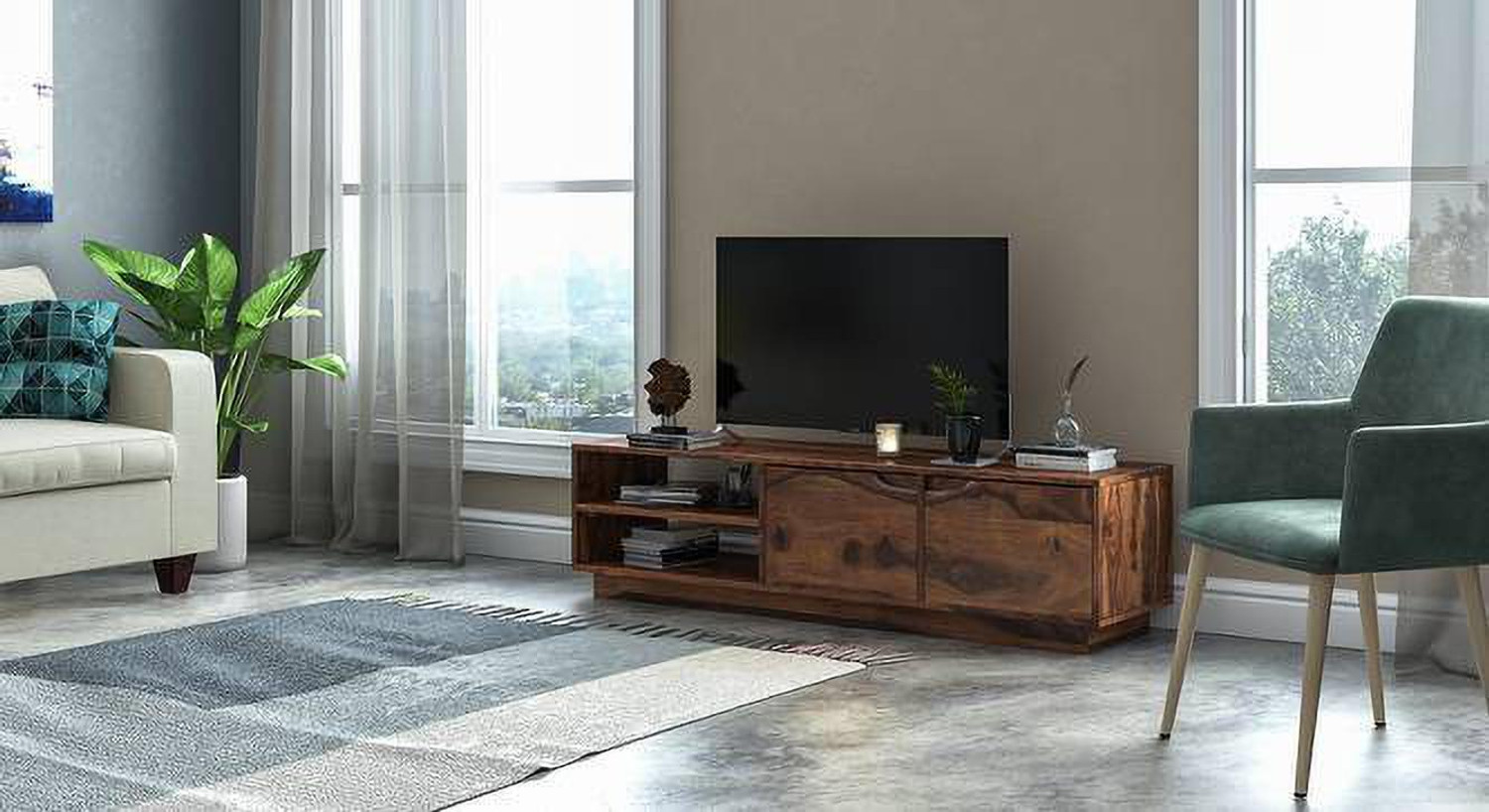 Image of mewar furniture Solid Sheesham Wood Entertainment Tv Unit For Living Room | Solid Wood TV Entertainment Unit