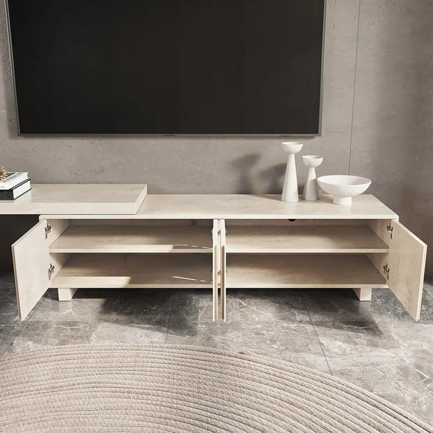 Image of NG Decor Distressed Retracted & Extendable TV Stand with 4 Shelves Up to 85 inch Engineered Wood TV Entertainment Unit