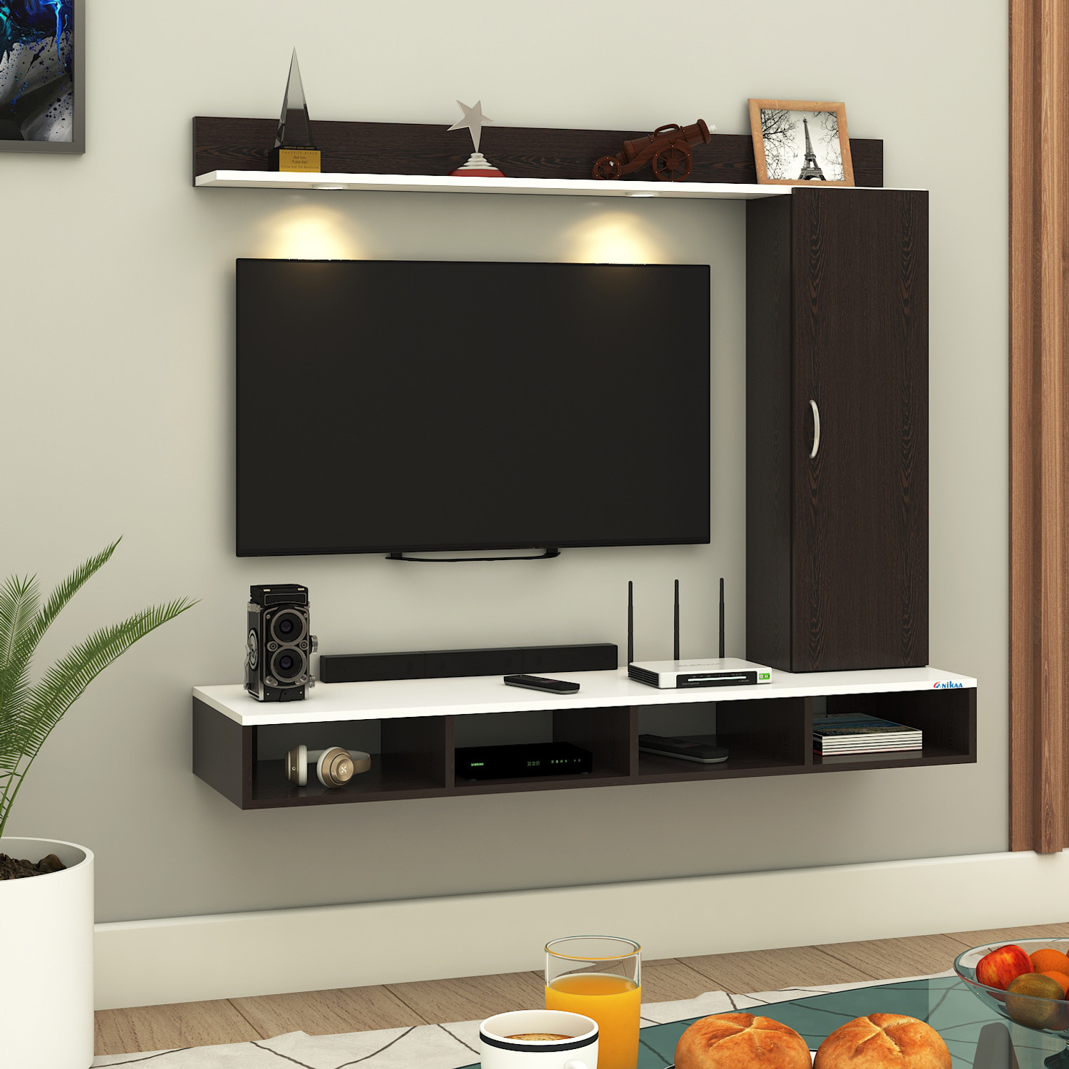 Image of ANIKAA Dorex Wall Mounted TV Unit with LED Lights, Storage Cabinet & Display Shelf Engineered Wood TV Entertainment Unit