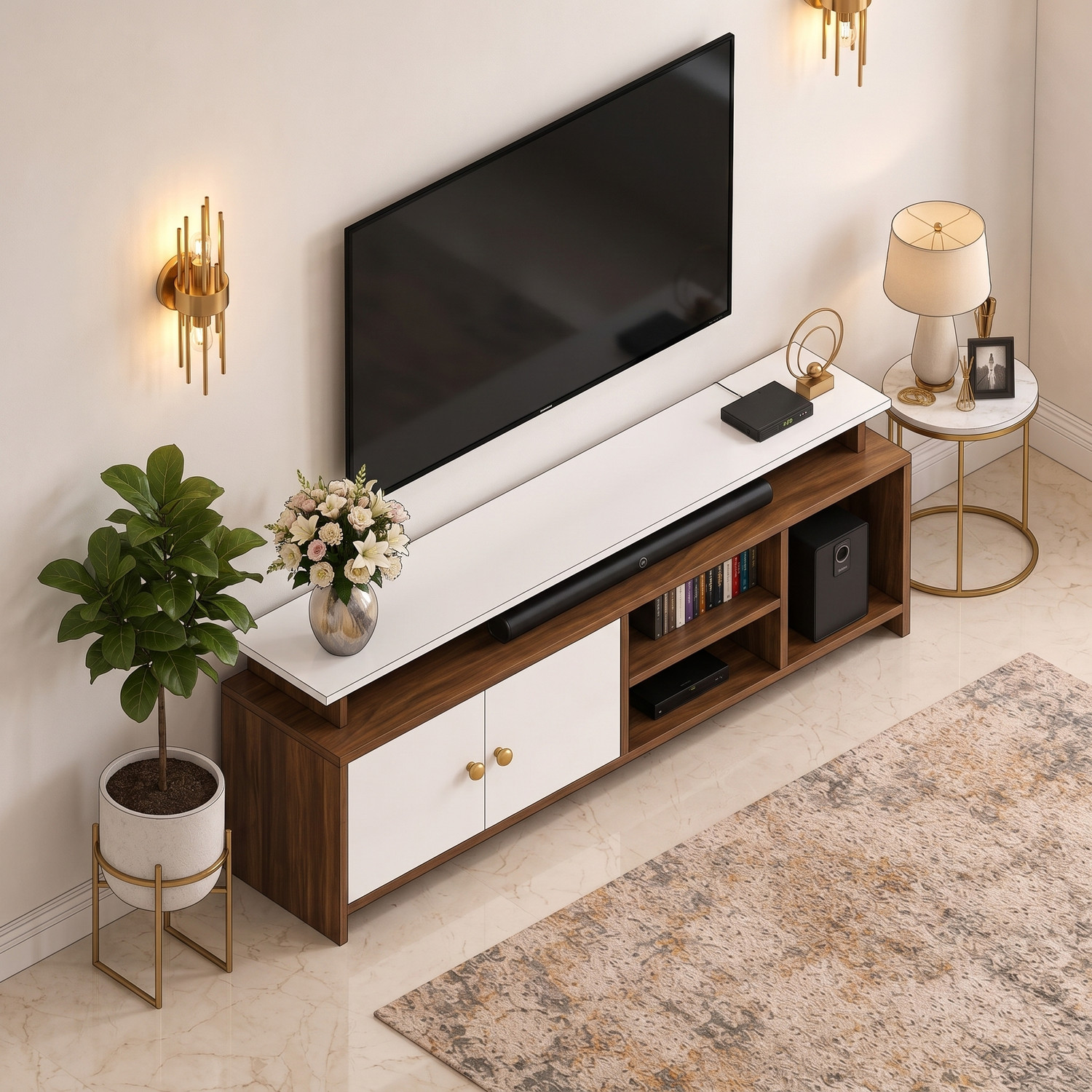 Image of Avenue Venture Contemporary TV Entertainment Unit with Closed Cabinets & Open Shelves Engineered Wood TV Entertainment Unit