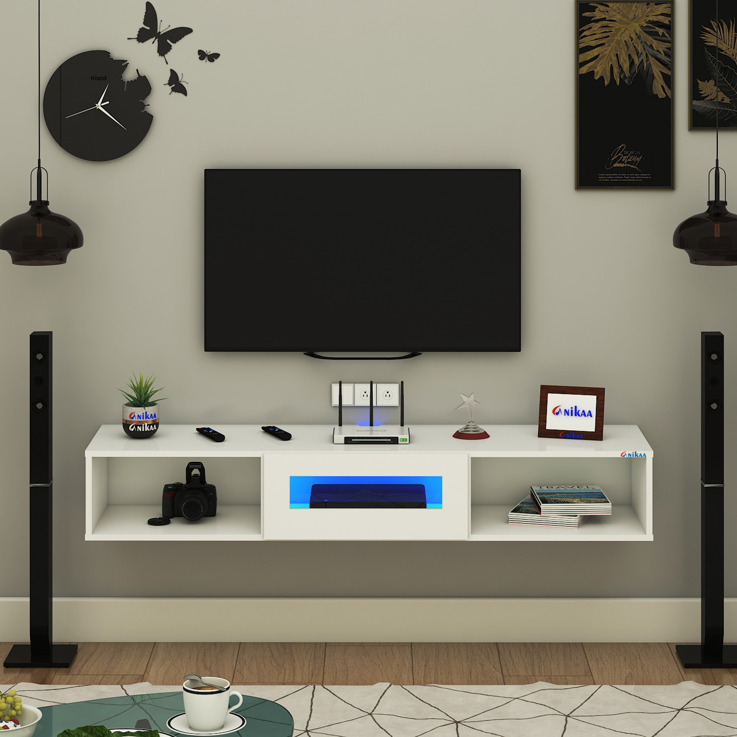 Image of FURNIWUD Novus Wall Mount Modern Floating TV Unit with Storage Cabinet & Blue LED Light Engineered Wood TV Entertainment Unit