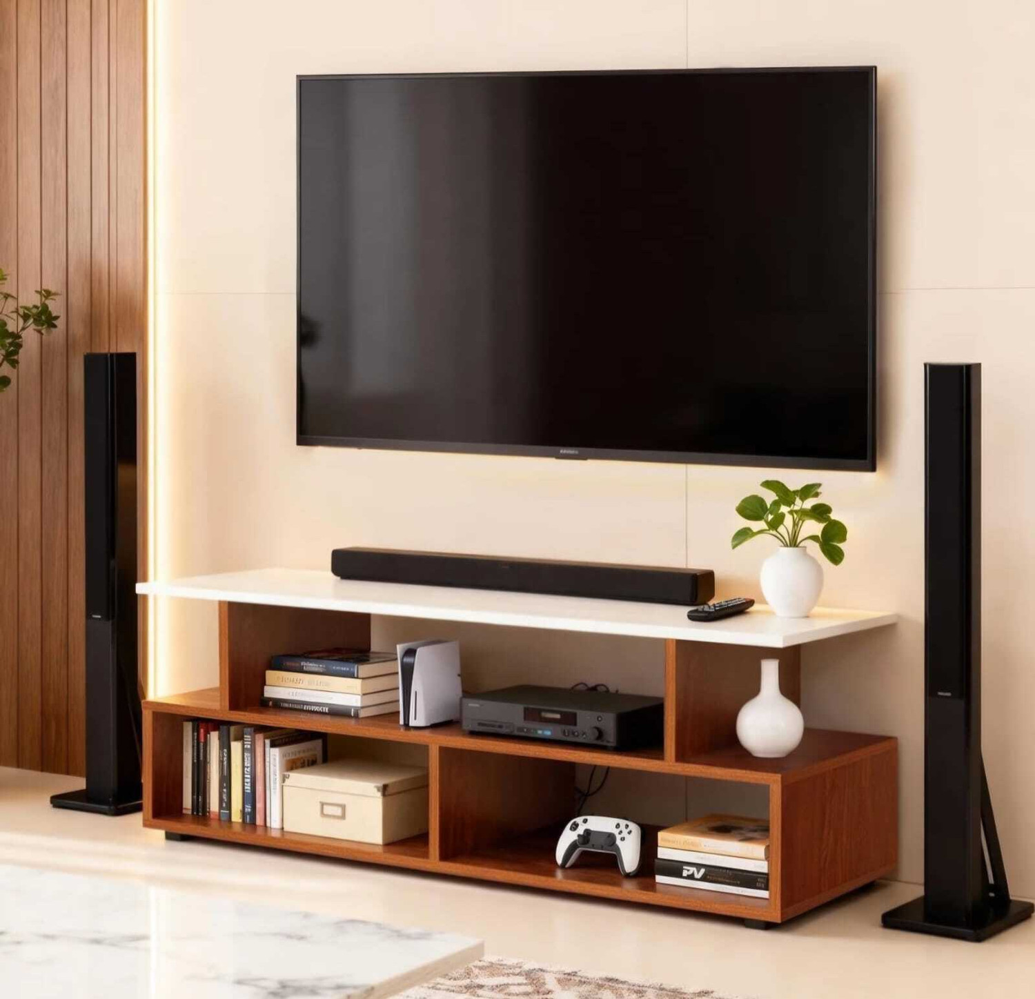 Image of RADHACRAFT TV Entertainment unit Engineered Wood TV Entertainment Unit (Finish Color - TEAK NATURAL & WHITE, DIY(Do-It-Yourself))