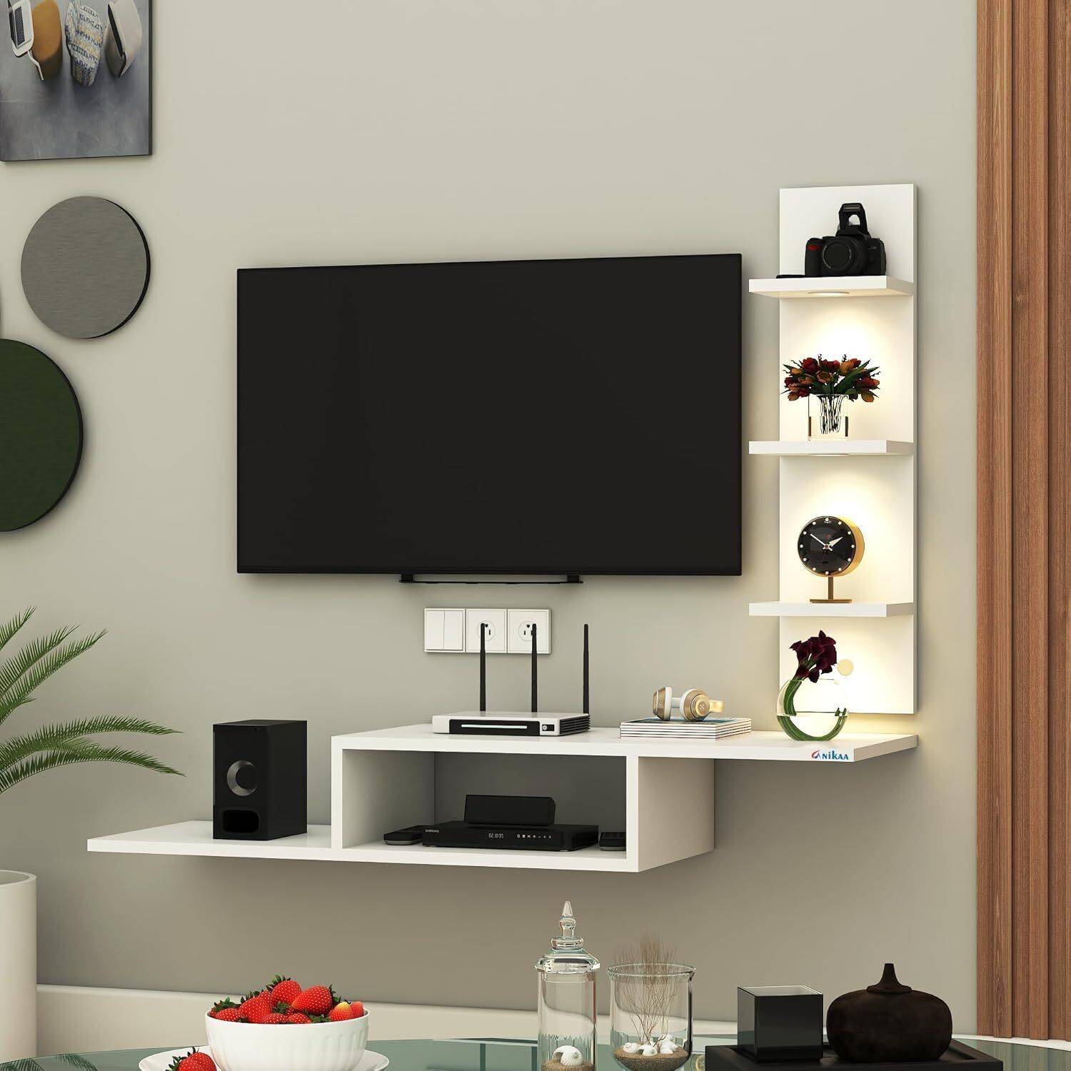 ANIKAA LED Light TV Wall Unit Engineered Wood TV Entertainment Unit