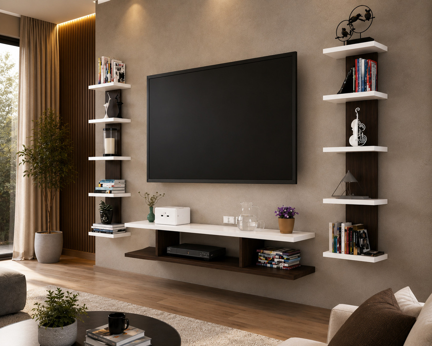 Image of Artival Crafts Modern Wall Mounted TV Unit 55inch with Side Display Shelves | Engineered Wood TV Entertainment Unit