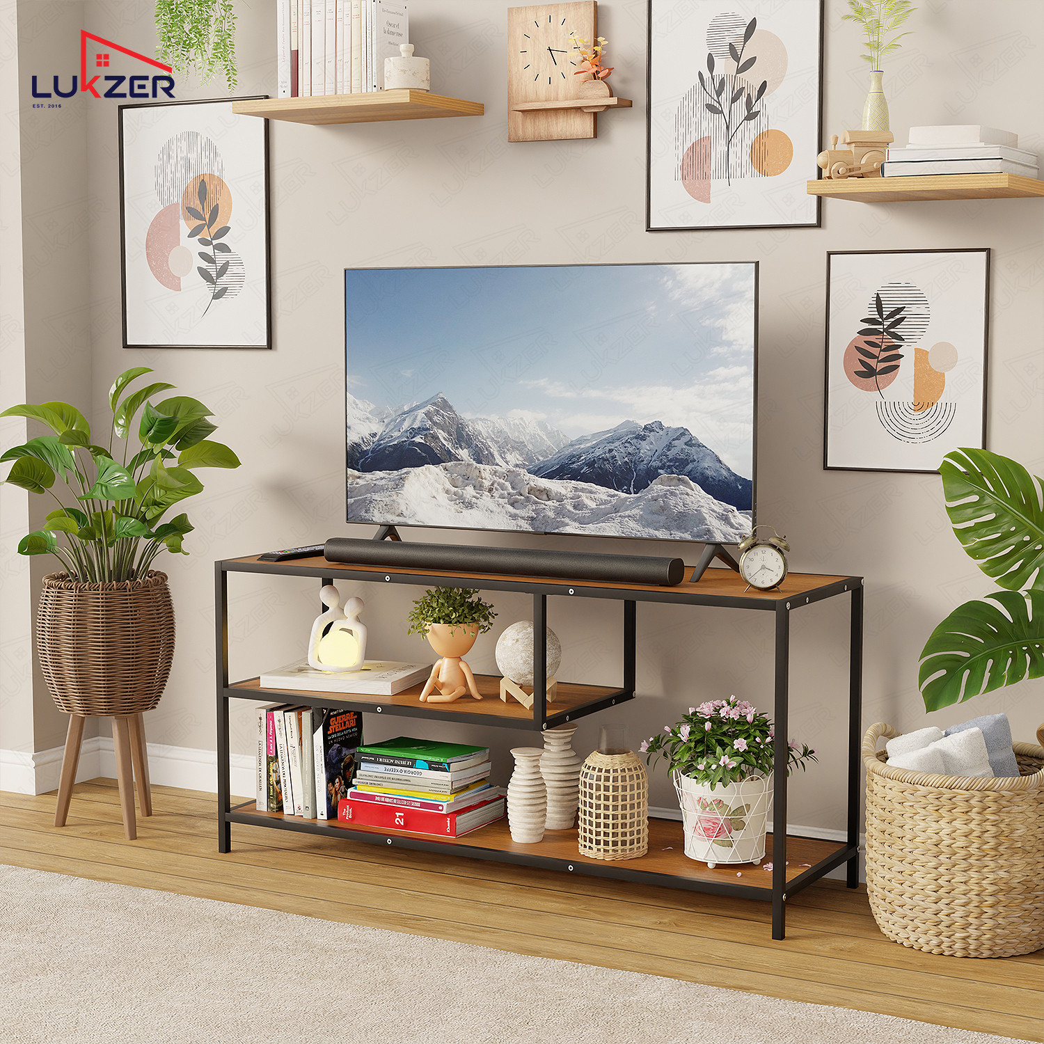 Image of LUKZER Lukzer MTU-001 Black & Oak Brown Wooden Metal TV Unit Table Engineered Wood TV Entertainment Unit