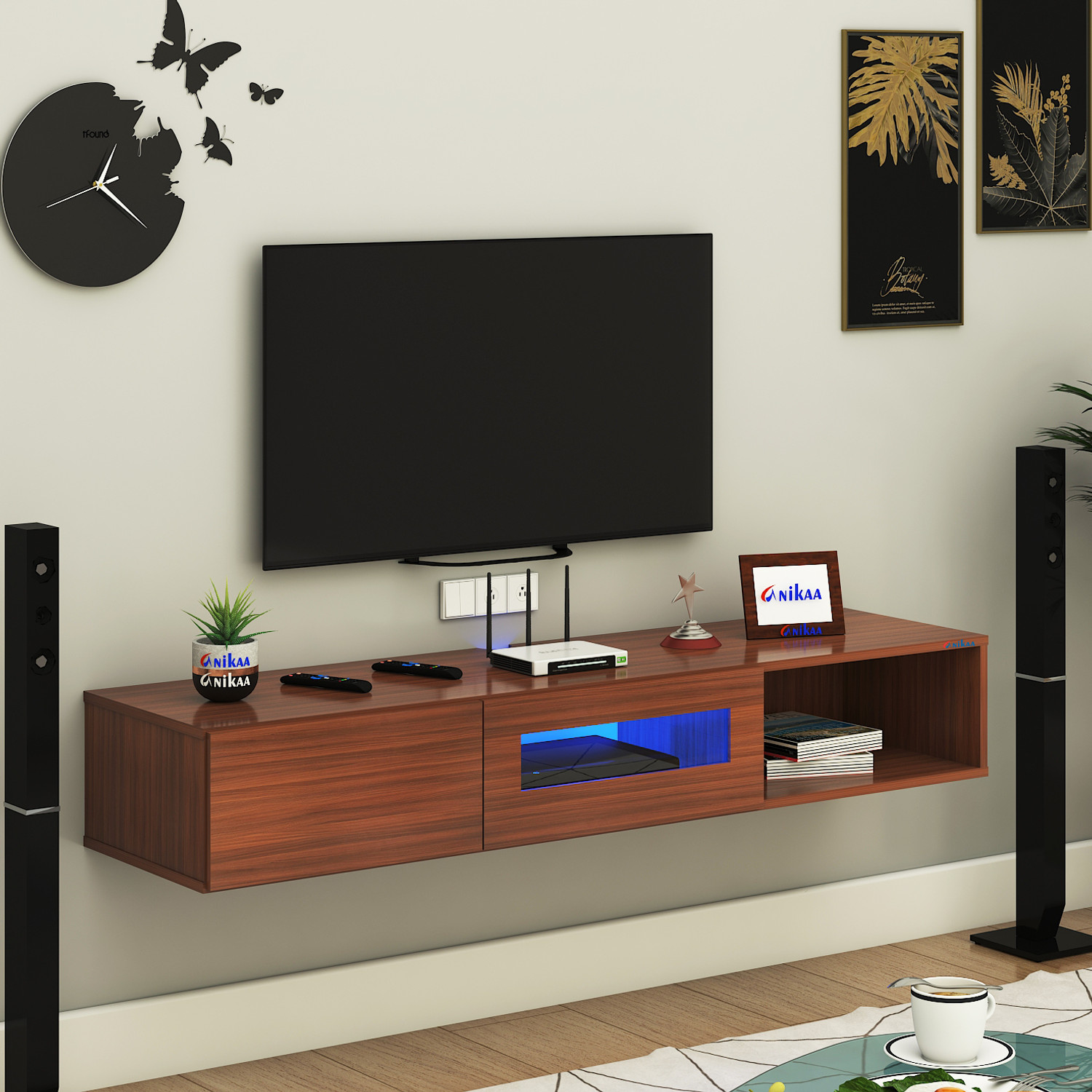 Image of FURNIWUD Strix Wall Mount Modern Floating TV Unit with Storage Cabinet & Blue LED Light Engineered Wood TV Entertainment Unit