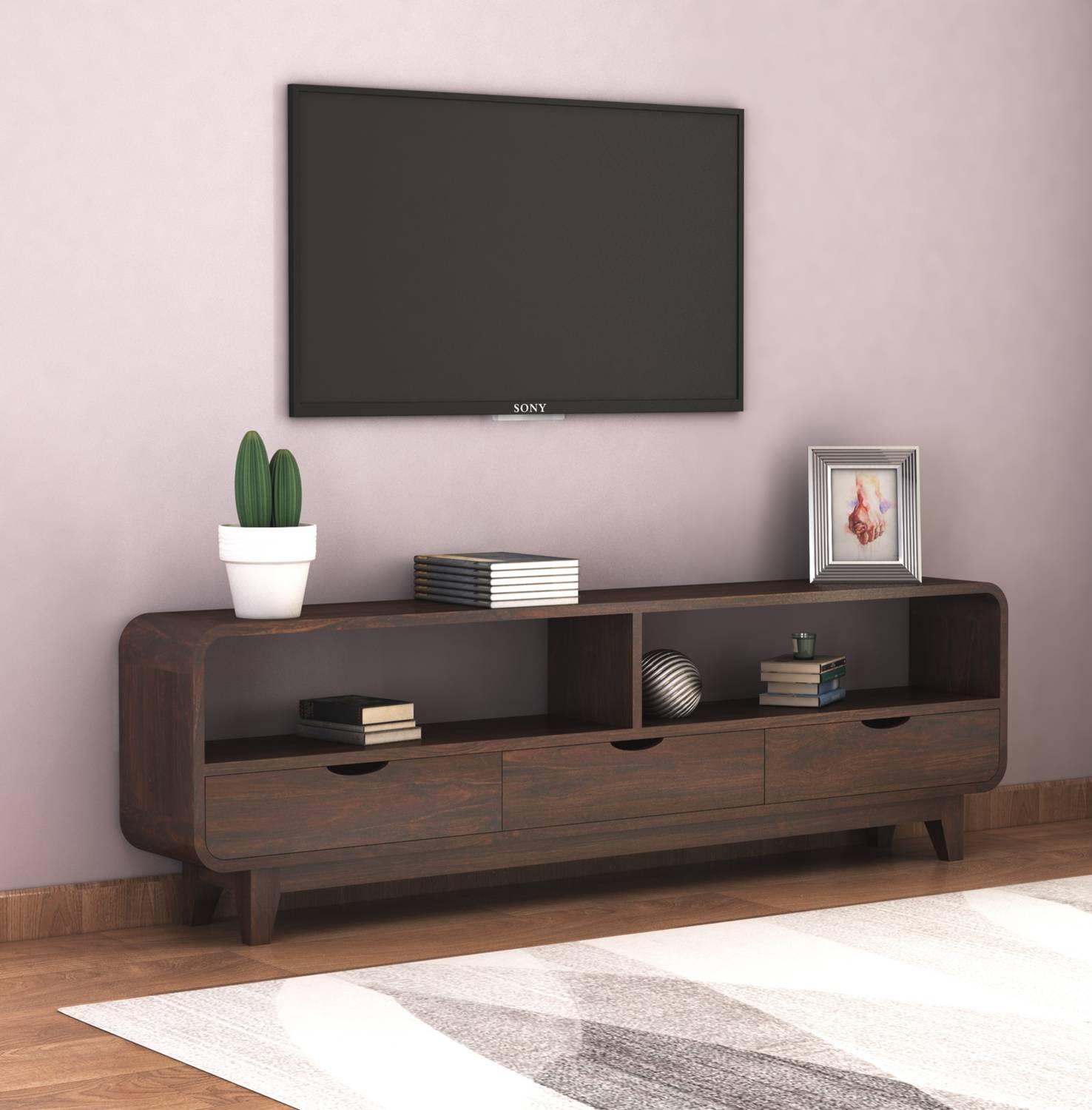 SAVITRIDECOR Sheesham Wood Tv unit with 3 Drawers ,shelfs for Hom