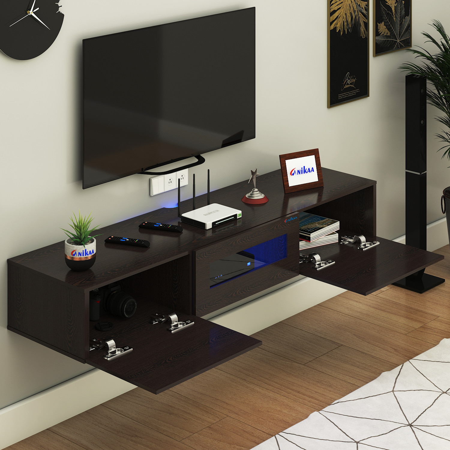 Image of FURNIWUD Lucen Wall Mount Modern Floating TV Unit with Storage Cabinet & Blue LED Light Engineered Wood TV Entertainment Unit