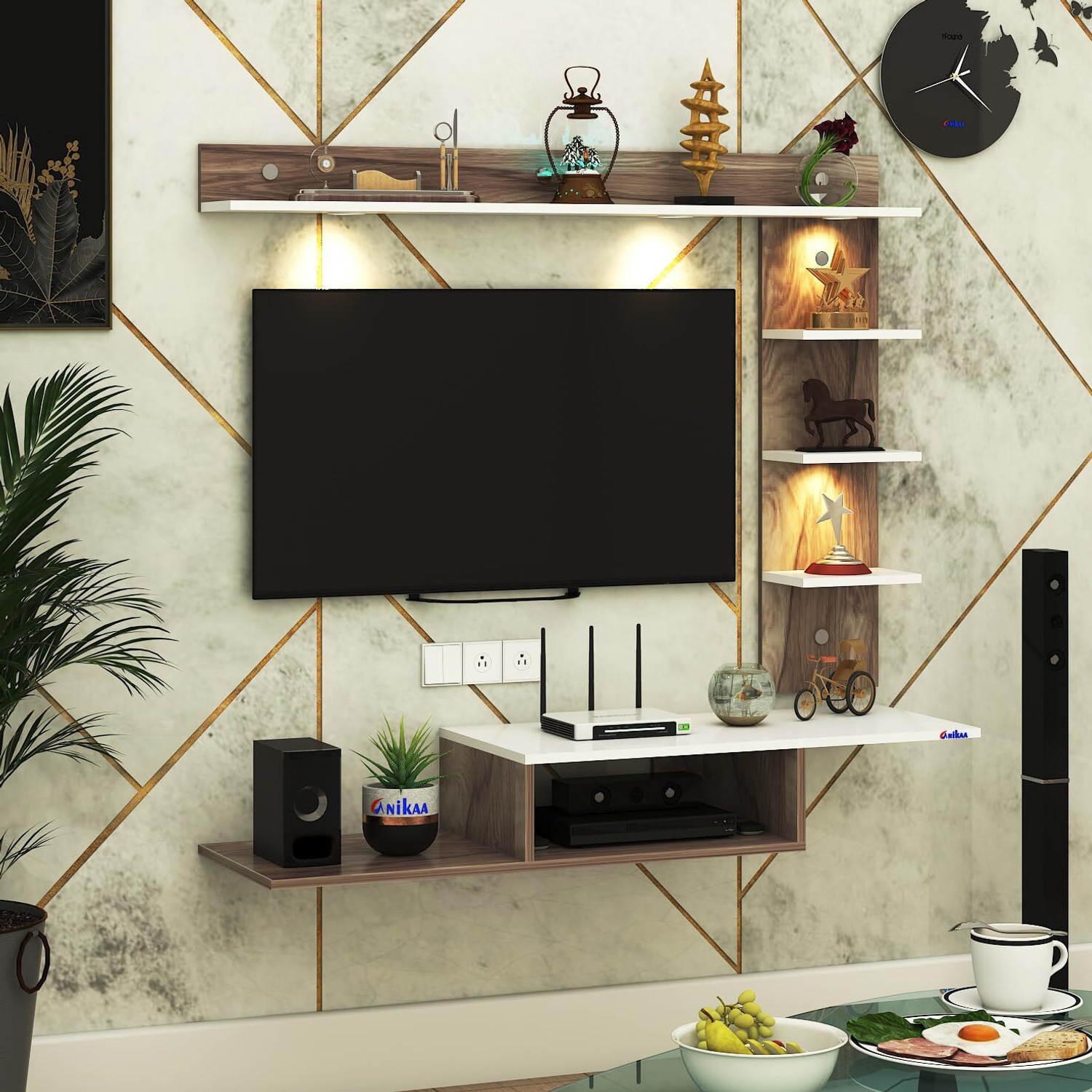 Image of FURNIWUD Wintor Wall Mounted TV Unit with 4 LED Lights, Storage Box & Decorative Shelf Engineered Wood TV Entertainment Unit