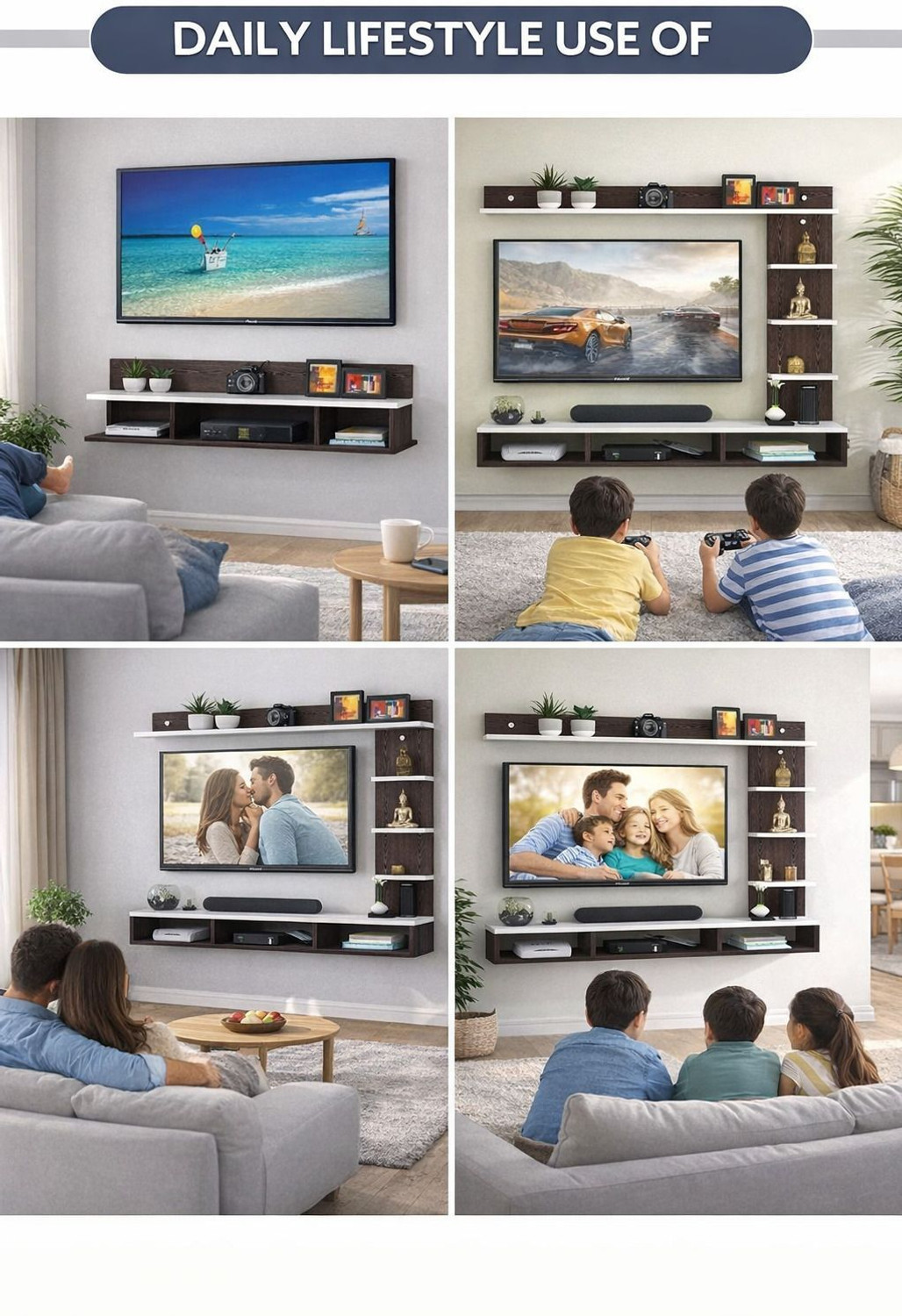 Image of Shivi Aanaya Enterprises Wooden Wall Mounted with Storage Shelves Floating TV Cabinet for Living Room Engineered Wood TV Entertainment Unit