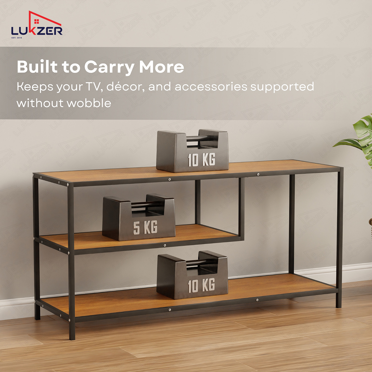 Image of LUKZER Lukzer MTU-001 Black & Oak Brown Wooden Metal TV Unit Table Engineered Wood TV Entertainment Unit
