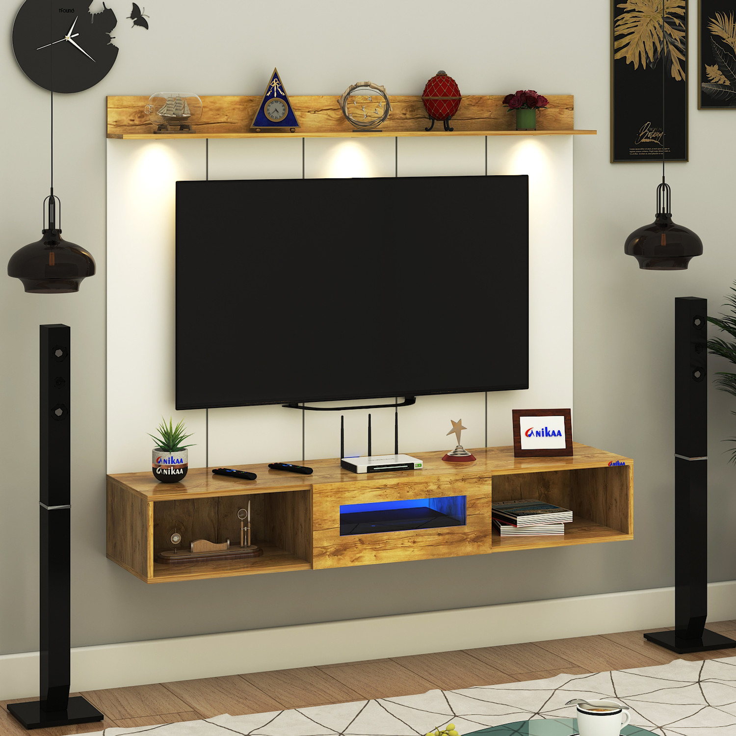 Image of FURNIWUD Novus PVC Back Panel Wall Mount TV Unit with LED Light for Up To 50 inch TV Engineered Wood TV Entertainment Unit