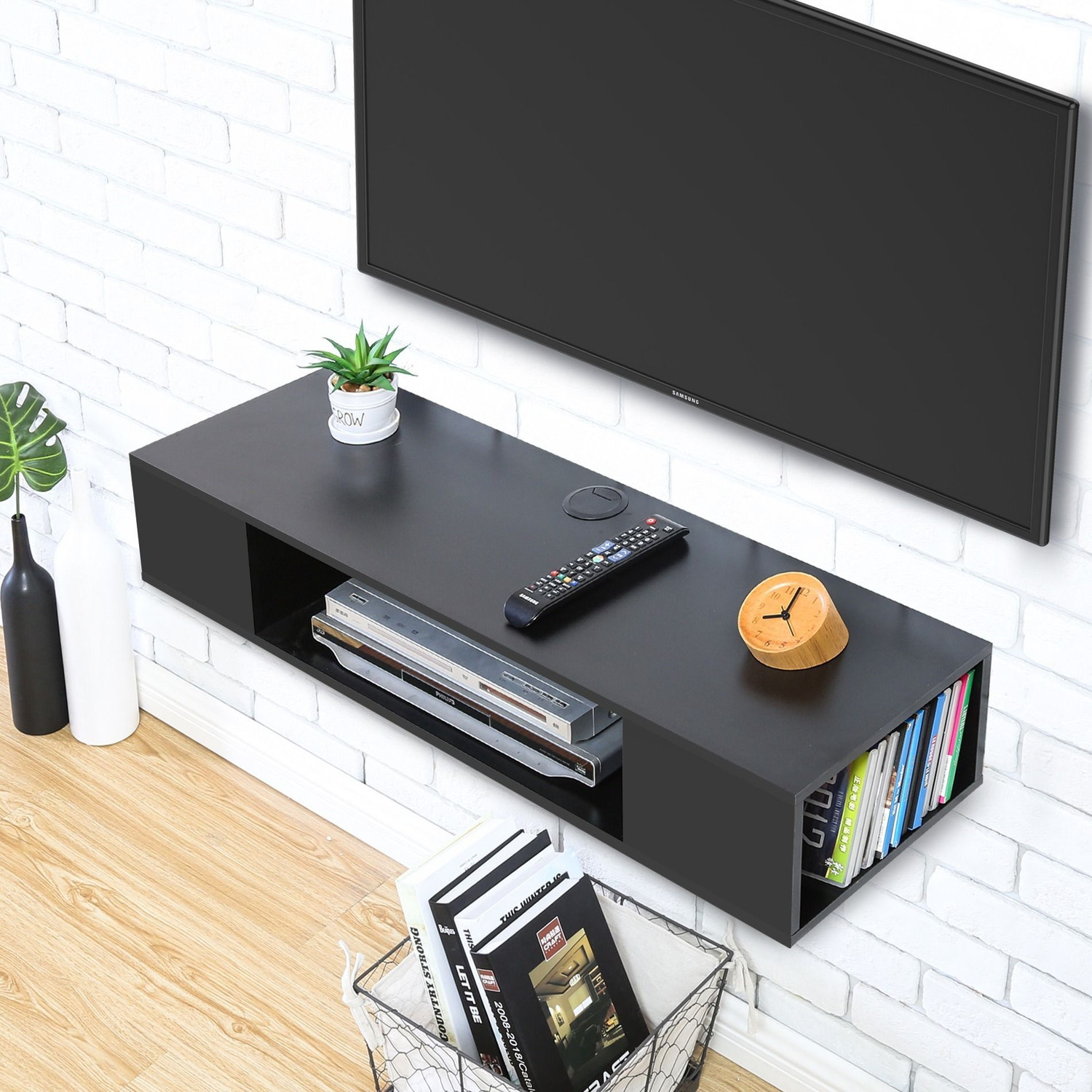 Image of Home wood Wooden tv and entertainment unit wall mounted 40 inches in Length (Black). Engineered Wood TV Entertainment Unit