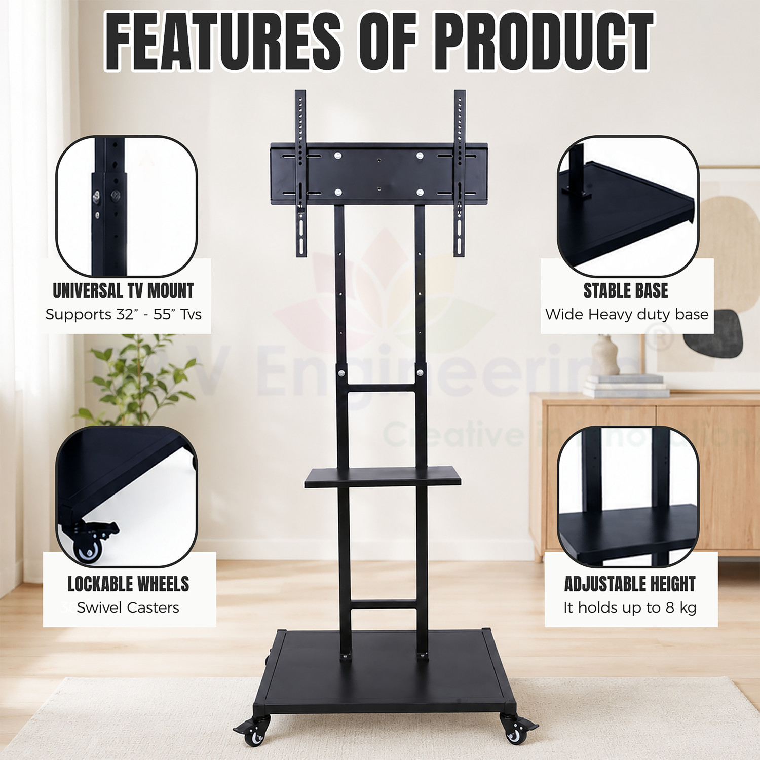 Image of D&V ENGINEERING Mobile TV Stand for 32-65 Inches TV , Height Adjustable TV Floor Stand Full Motion TV Mount