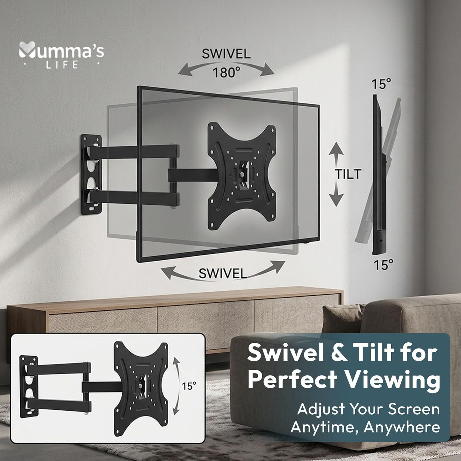 Image of Mumma's LIFE Wall Mount TV Stand Movable for 14-55 Inch Tilt TV Mount