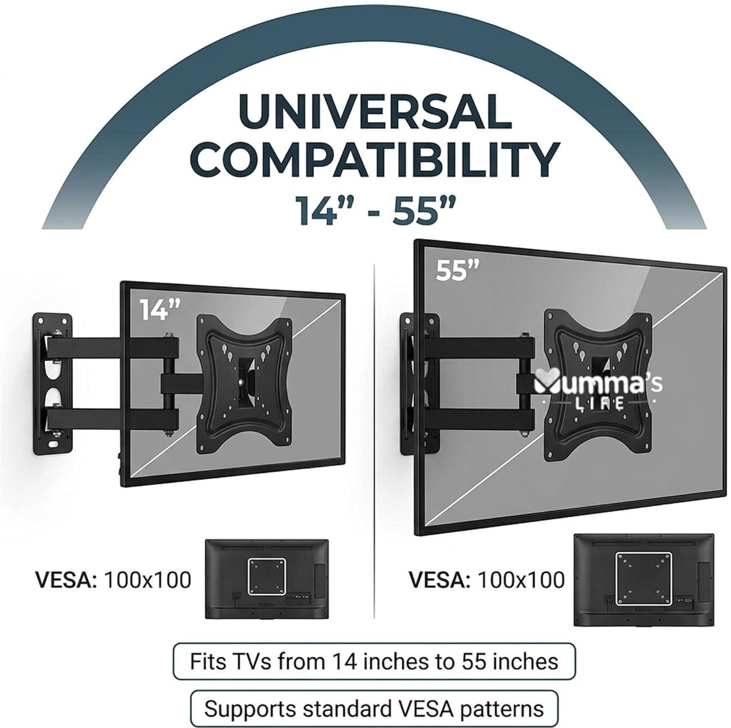 Image of Mumma's LIFE Wall Mount TV Stand Movable for 14-55 Inch Tilt TV Mount