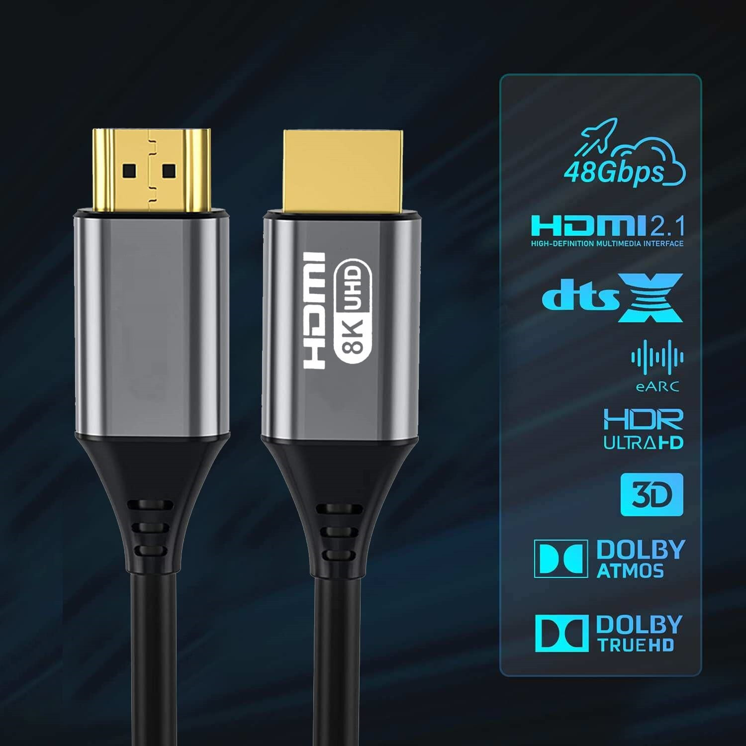 Image of HITRIME TV-out Cable HDMI Cable 2.1 with eARC & CEC, 8K @ 60Hz, 4K @ 120Hz, UHD Resolution, 48 Gbps