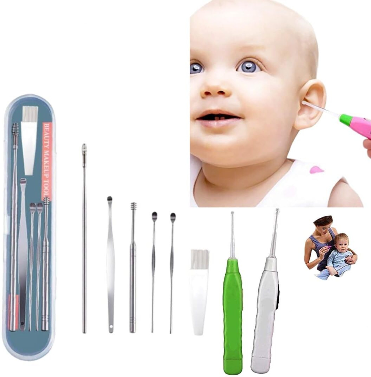 Image of GK APPLIANCES Ear wax Remover with LED Flashlight Earpick 2 pack + Ear Wax Cleaner Kit(6 pcs)