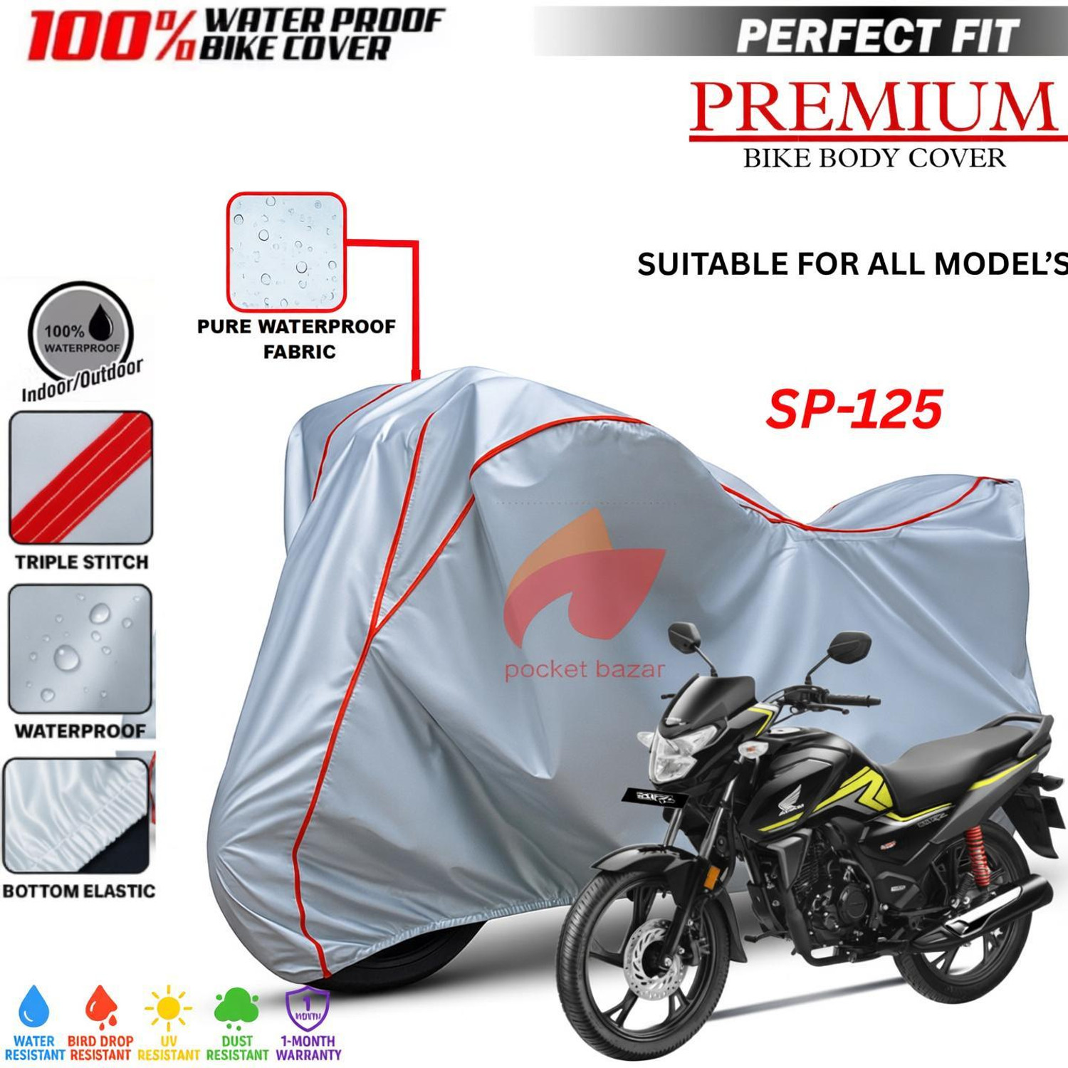 Image of pocket bazar Waterproof Two Wheeler Cover for Honda (SP 125, Silver)