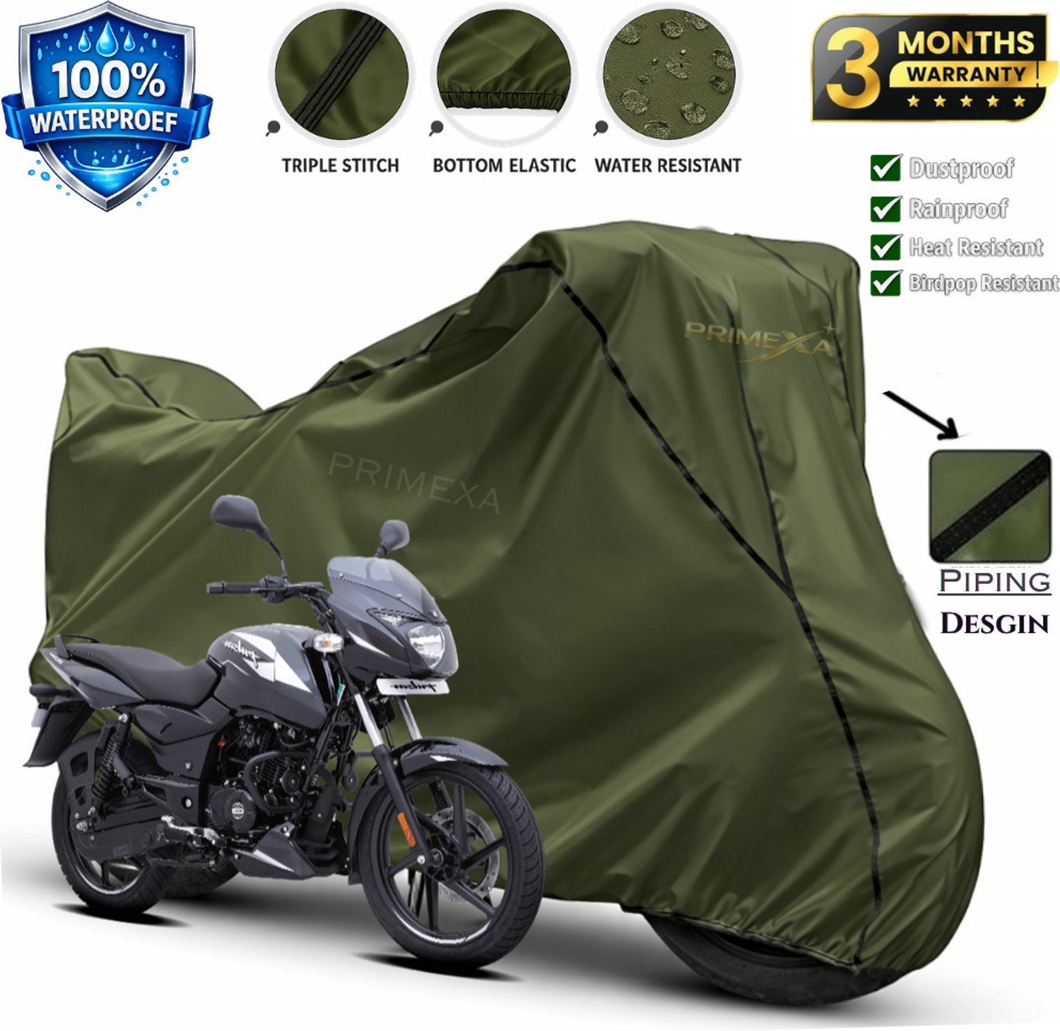 Image of Primexa Waterproof Two Wheeler Cover for Bajaj (Pulsar 150, Green)