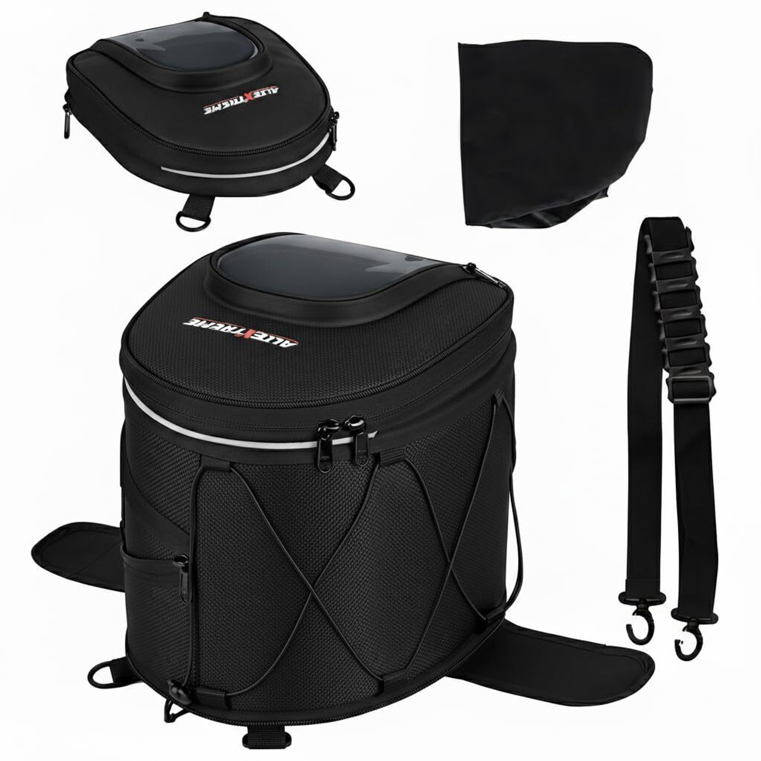 Image of ALLEXTREME Magnetic Bike Fuel Tank Bag with Night Reflectors & Rain Cover Saddle Bag Black Nylon Motorbike Saddlebag