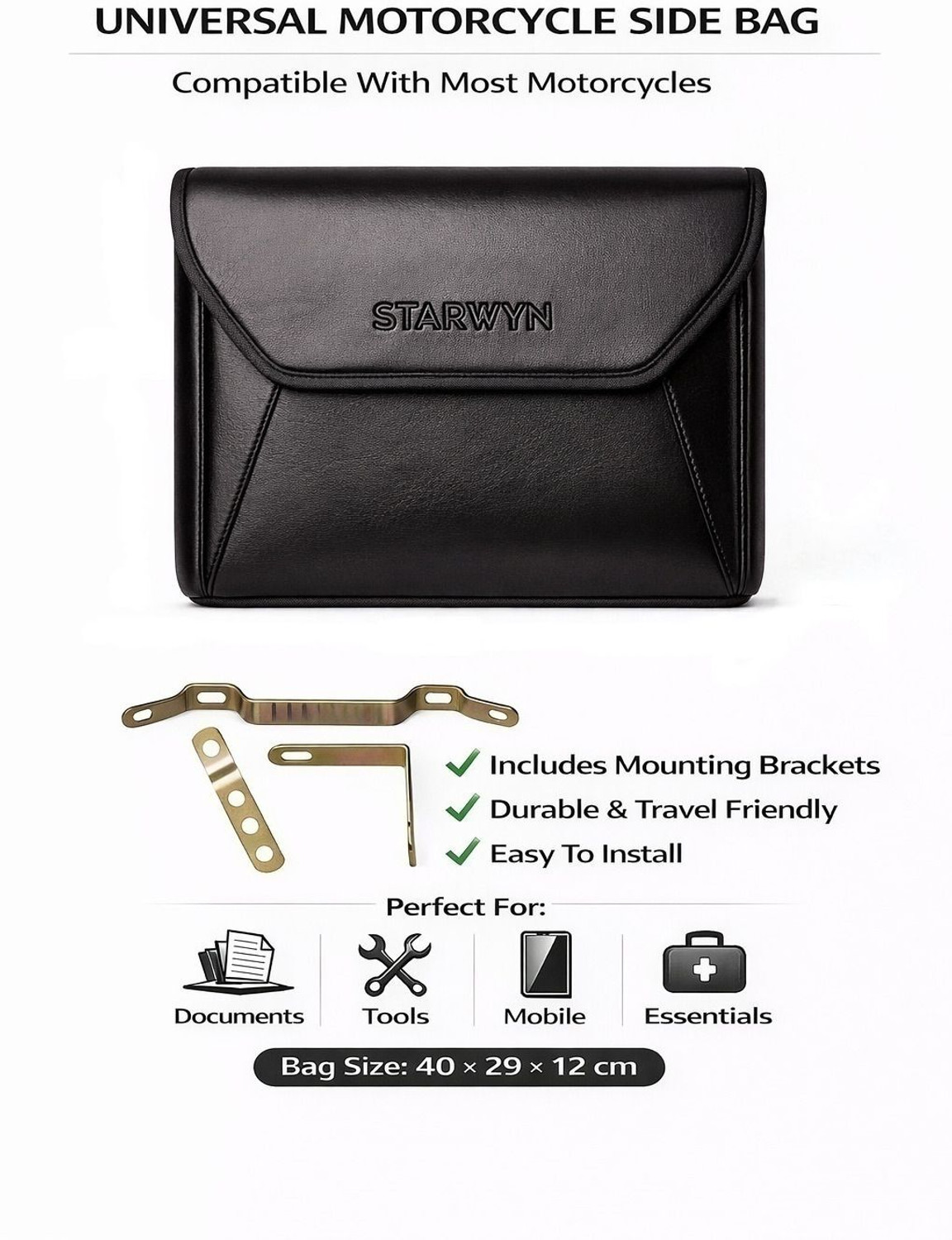 Image of EAZ STARWYN MAGNA Universal Bike Side Bag with Fitting Patti Saddle Bag Black Leatherette Motorbike Saddlebag