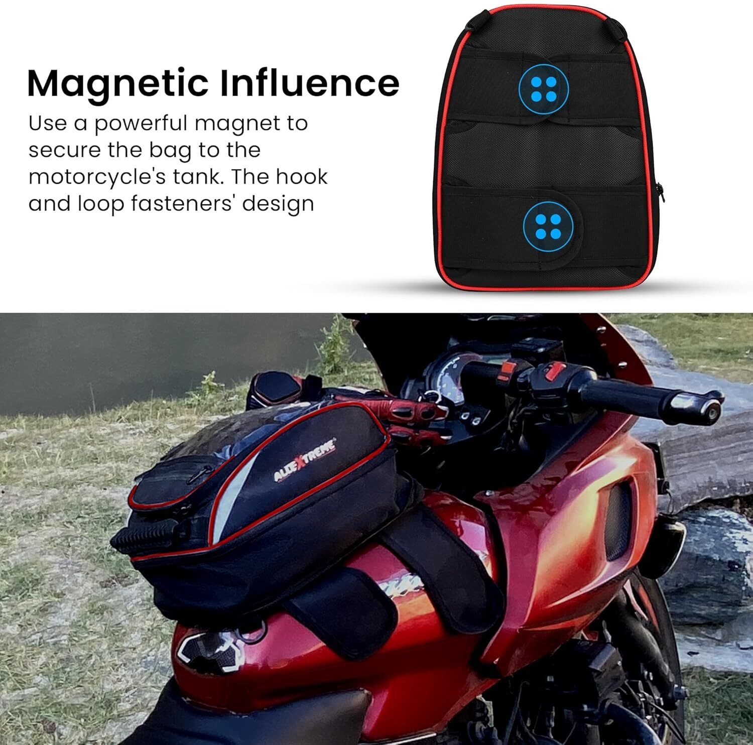 Image of ALLEXTREME EXFTB01 Magnetic Fuel Tank Bag with Rain Cover & Multi-Pocket Universal Fit Saddle Bag Black Polyester Motorbike Saddlebag