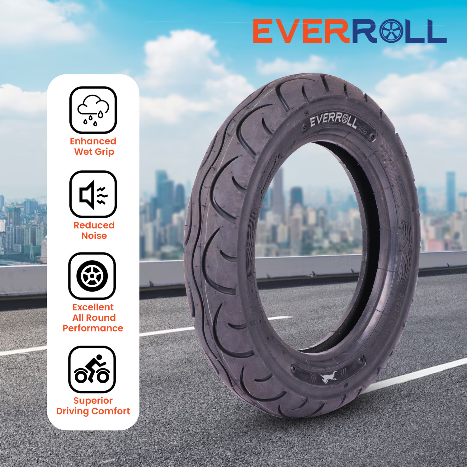 Image of EverRoll K4222910 3.00-10 Front & Rear Two Wheeler Tyre (Street, Tube)