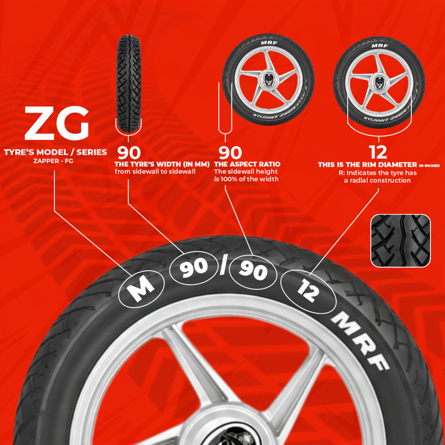 Image of MRF 90 /90 /12 ZAPPER FG Front Two Wheeler Tyre (Street, Tube Less) Front & Rear Two Wheeler Tyre