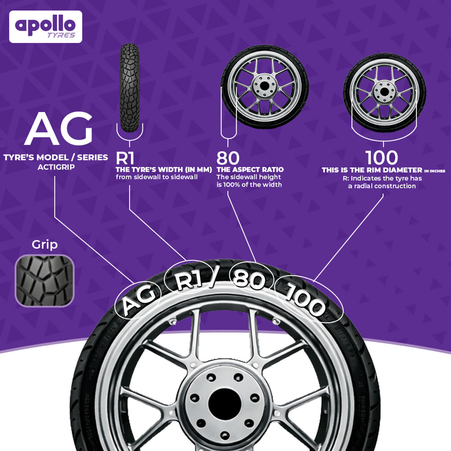 Image of Apollo actiGRIP R1 80 /100 -18 Rear Two Wheeler Tyre