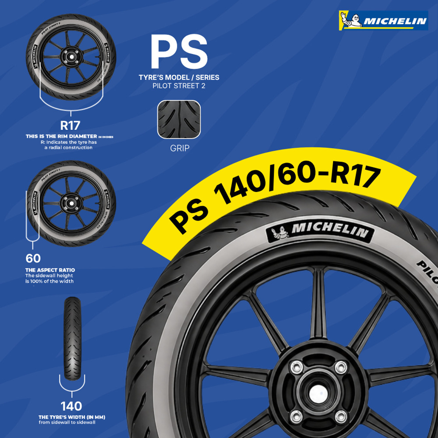 Image of MICHELIN 140 /60-R17 PILOT STREET 2 SPORTY PILOT STREET 2 (PS 2) Rear Two Wheeler Tyre