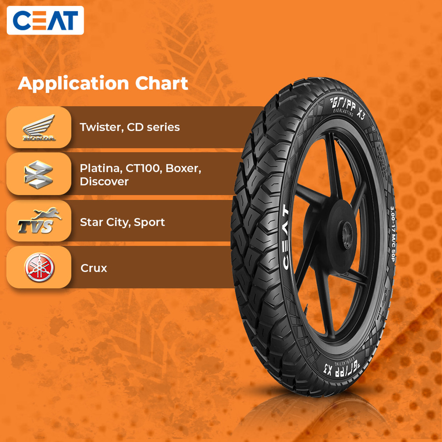 Image of CEAT GRIPP X3 TL 55P 100 /90-17 Rear Two Wheeler Tyre