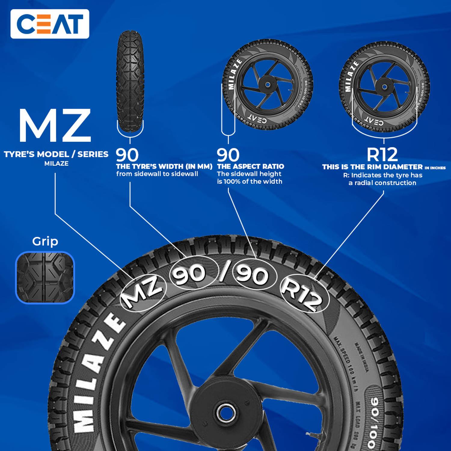 CEAT 102074 ZOOM D TL 54J 90/90-12 Front & Rear Two Wheeler Tyre