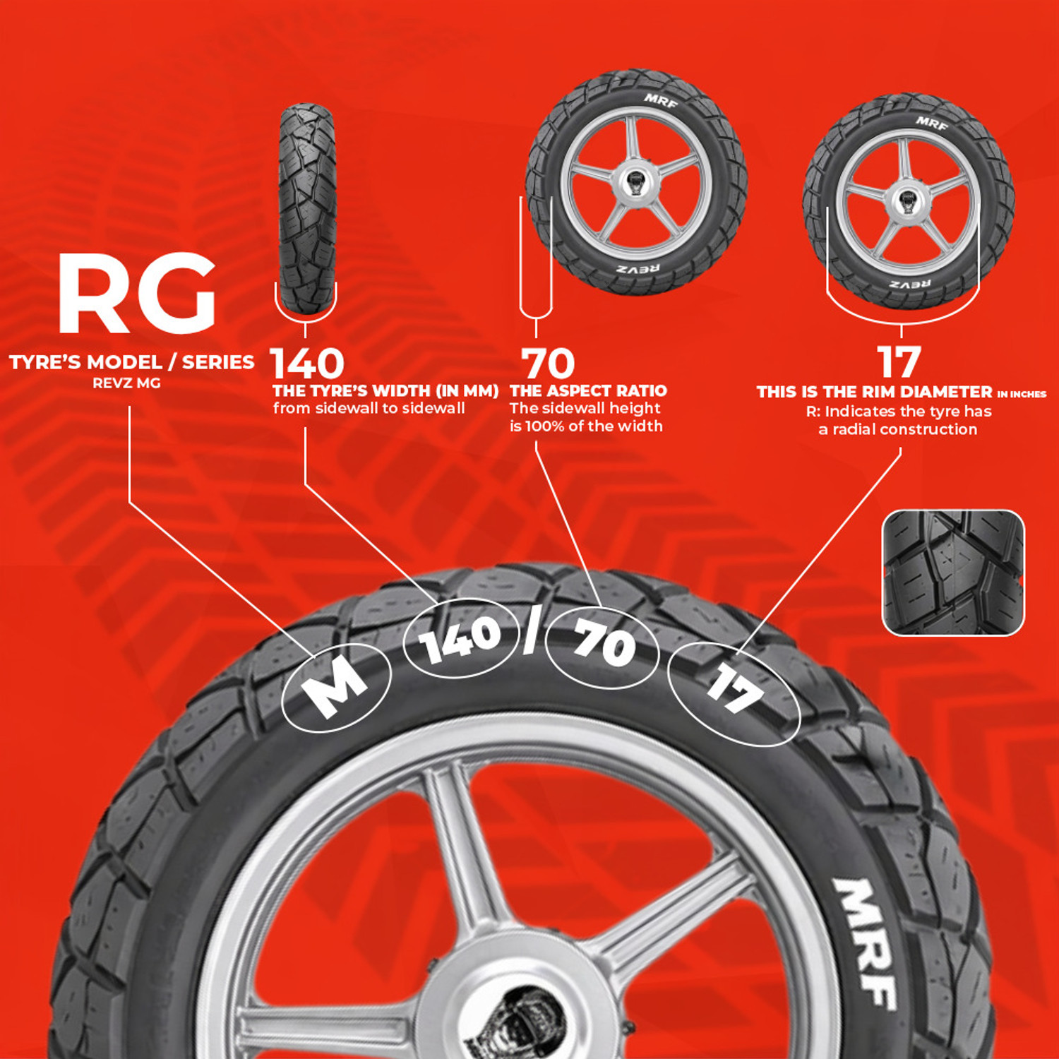 Image of MRF 140 /60R17 M /C 63P REVZ MG TUBELESS TYRE Rear Two Wheeler Tyre