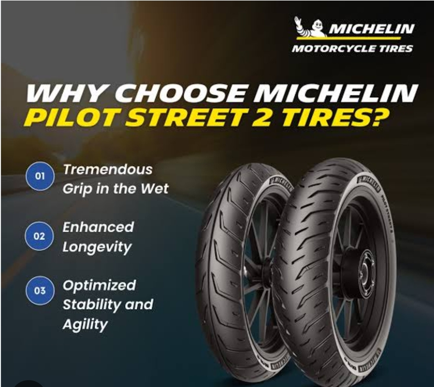 Image of MICHELIN 100 /80-R17 & 130 /70-R17 PILOT STREET TUBELESS COMBO PACK 2 TYRES (FRONT & REAR) PS 2 Front & Rear Two Wheeler Tyre