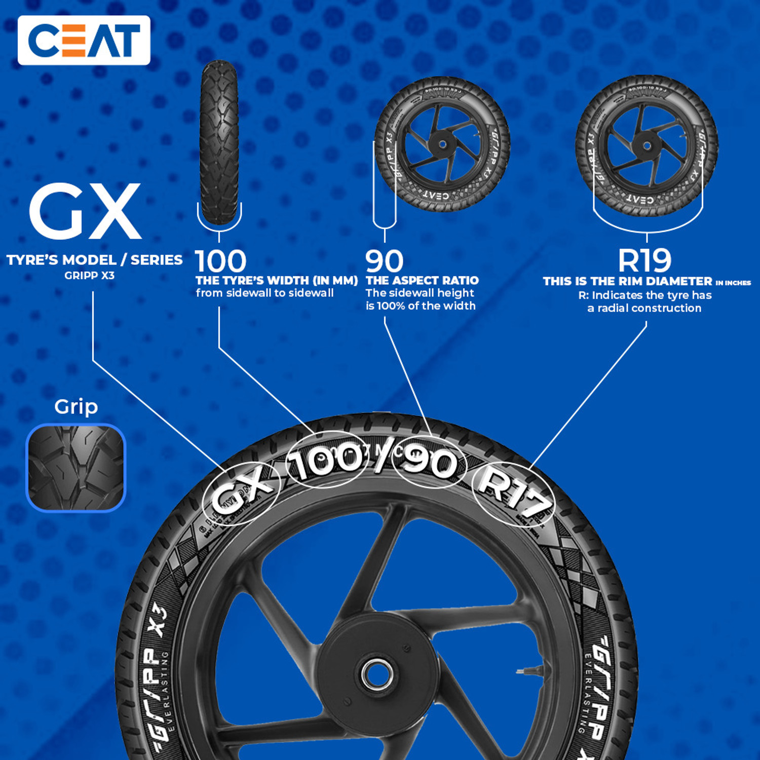 Image of CEAT GRIPP X3 TL 55P 100 /90-17 Rear Two Wheeler Tyre