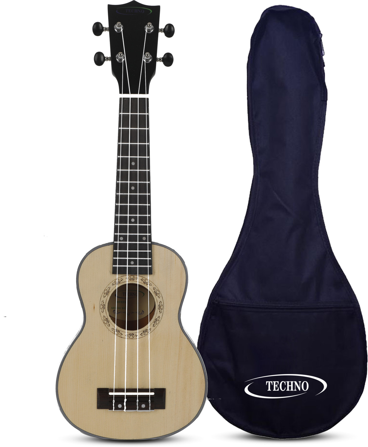 Image of TECHNO Black 21 inch Soprano Ukulele with Bag Spruce Top, Linden Body, Rosewood Bridge, Soprano Ukulele